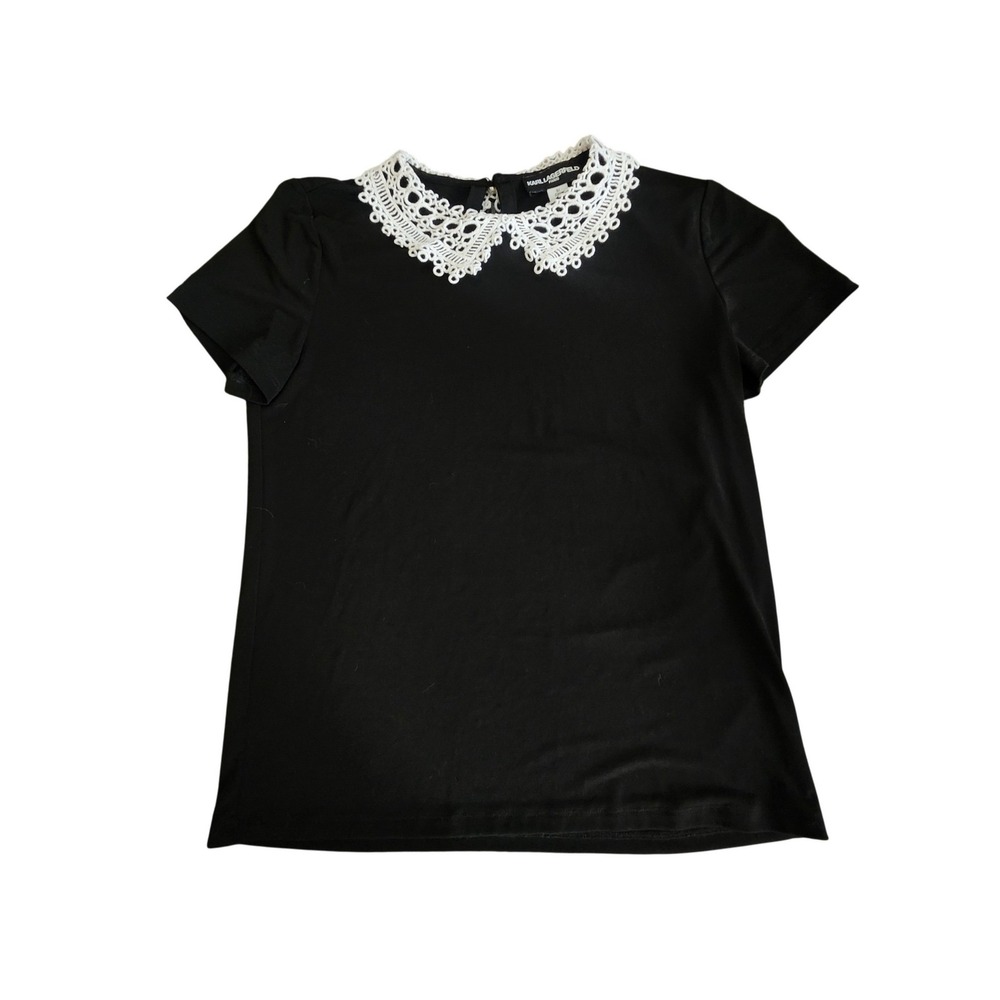 Karl Lagerfeld Paris Top Womens Small Black White Crochet Lace Collar Knit Tee